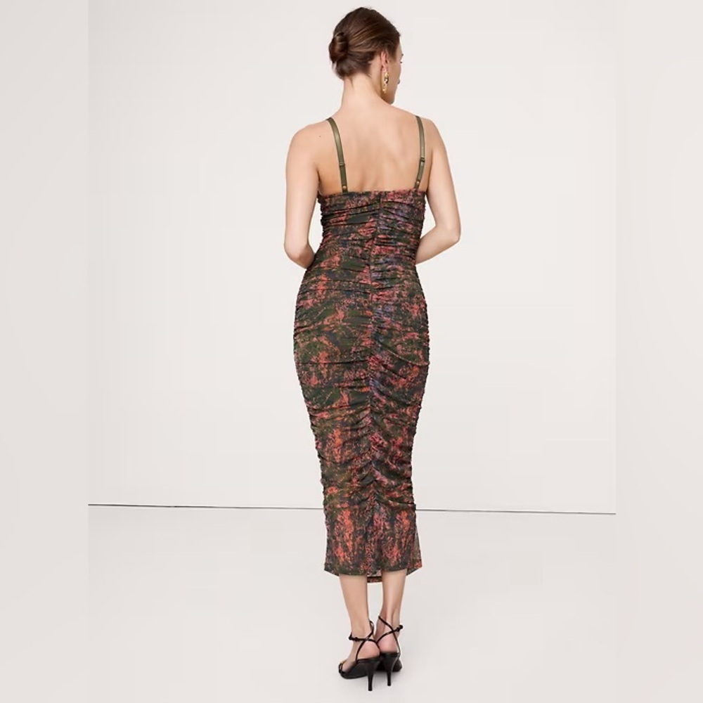 NWT! Banana Republic Green Camo Splatter Ruched Mesh Corset Midi Dress - Picture 2 of 5